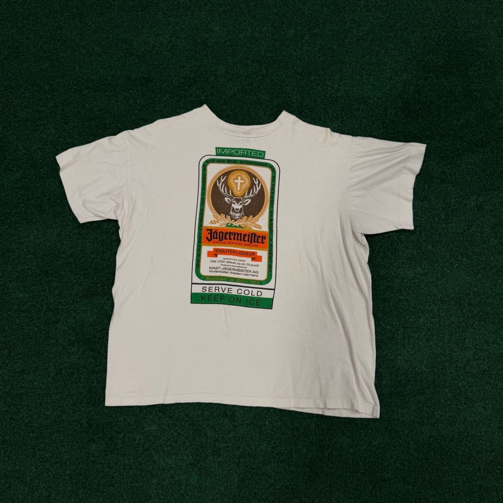 Vintage Single Stitch Jagermeister White Tee with Bold Graphic